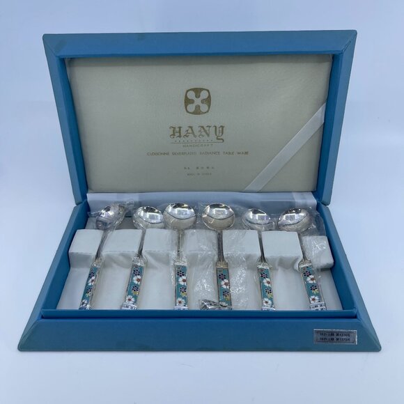 vintage hany cloisonné silver plated dessert spoons set of 6 made in korea - Picture 1 of 8